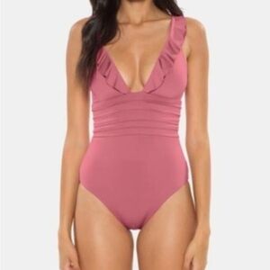 NWT SOLUNA Blush Pink One-Piece Swimsuit with Ruffled Neckline—Size Large